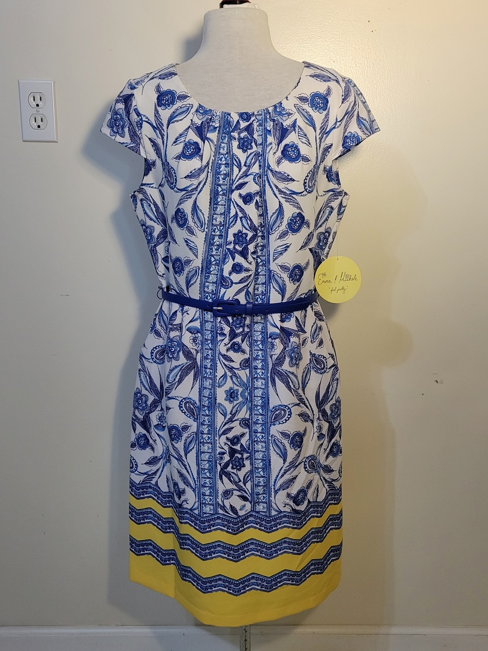 (Women's 8) Blue & White Floral Belted Sheath Dress with Yellow Border